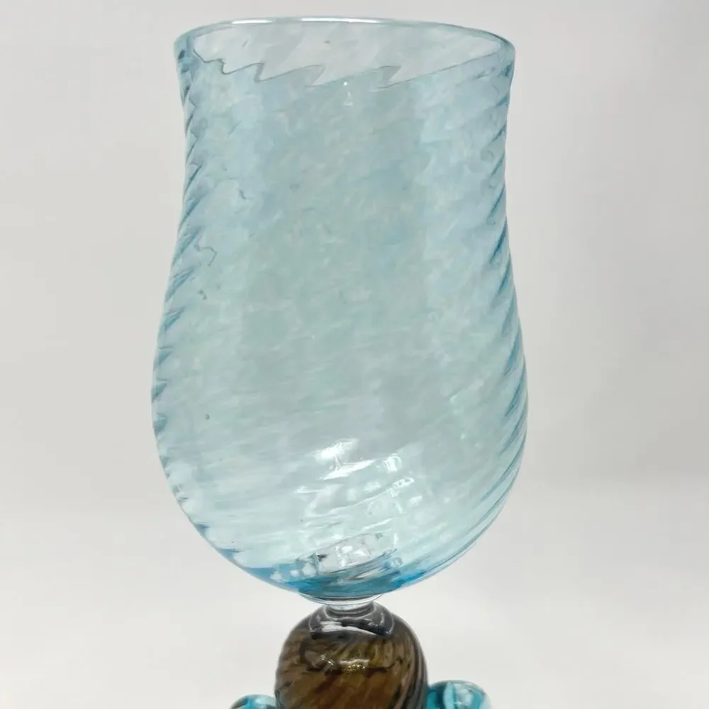 Murano Style Goblet Art Glass Signed Venetian Blue Amber Brown Hand Blown